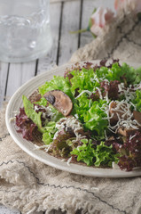 Homemade bio salad lettuce with mushrooms and wholegrain bread