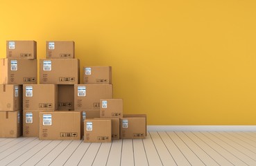 Moving boxes  empty room in front of a yellow wall 3D Rendering - obrazy, fototapety, plakaty