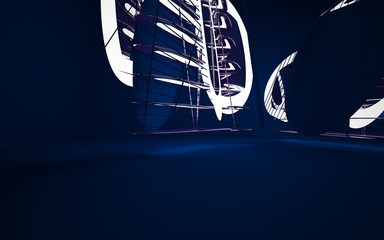 Abstract interior of the future in a minimalist style witht blue sculpture. Night view from the backligh. Architectural background. 3D illustration and rendering