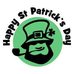 Happy Saint Patrick s Day logo. Leprechaun face with hat, pipe, and cloveron the traditional green background. Hand drawn vector illustration.