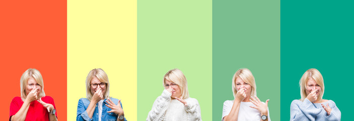 Obraz premium Collage of beautiful blonde woman over vivid vintage isolated background smelling something stinky and disgusting, intolerable smell, holding breath with fingers on nose. Bad smells concept.
