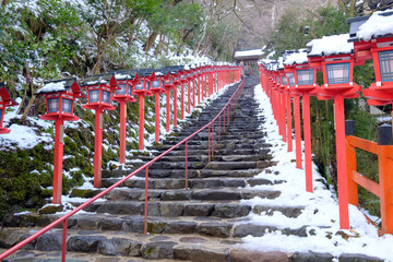 The lantern-lined steps in winter snow at Kibune