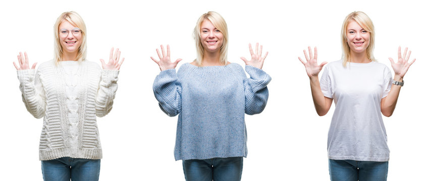 Collage of beautiful blonde woman wearing winter sweater over isolated background showing and pointing up with fingers number ten while smiling confident and happy.