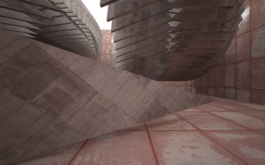Obraz premium Empty abstract room interior of sheets rusted metal and brown concrete. Architectural background. 3D illustration and rendering