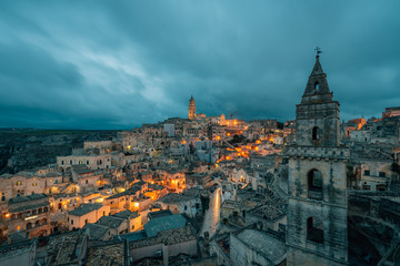 Fototapeta na wymiar A view of Matera at night, in Basilicata, Italy.