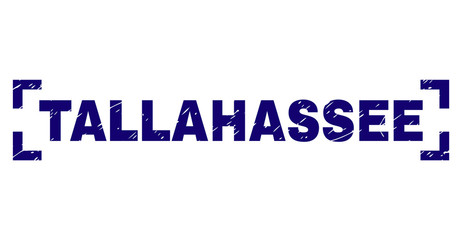 TALLAHASSEE tag seal print with distress effect. Text tag is placed between corners. Blue vector rubber print of TALLAHASSEE with corroded texture.