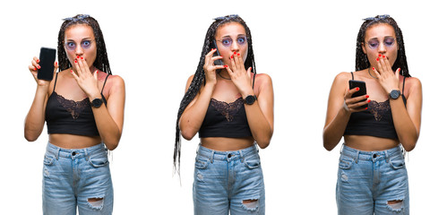 Collage of beautiful african american woman with birth mark using smartphone over isolated background cover mouth with hand shocked with shame for mistake, expression of fear, scared in silence