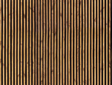 Seamless pattern of modern wall paneling with vertical wooden slats for background. Raw material of natural brown wood lath.