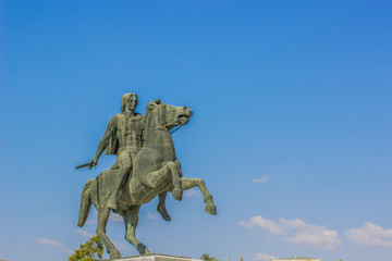 Famous sculpture in Thessaloniki - Greek city of Alexander the Great in park outdoor nature environment on blue sky background, copy space
