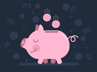happy pink piggy bank with falling coins in it against the background of confetti