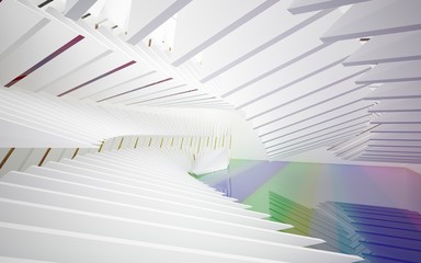 abstract architectural interior with white sculpture and geometric glass lines. 3D illustration and rendering