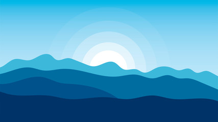 Landscape vector illustrations with hills, mountains, sky and sun.