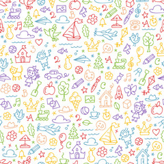 Vector children drawing sketch color outline doodles seamless background with kids hand drawn painting cartoon colorful elements and symbols for kindergarten and preschool pattern. - obrazy, fototapety, plakaty