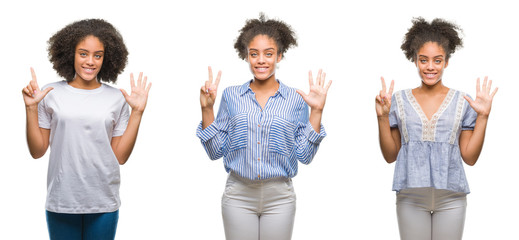 Obraz premium Collage of african american woman over isolated background showing and pointing up with fingers number seven while smiling confident and happy.