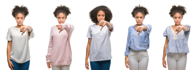 Collage of african american woman over isolated background looking unhappy and angry showing rejection and negative with thumbs down gesture. Bad expression.