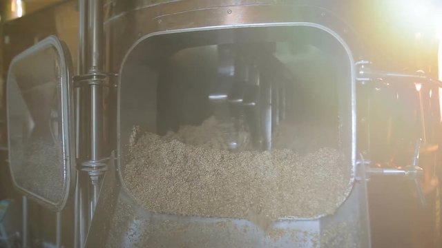 Beer production in the factory. Beers malt is prepared in tanks. Natural product. Device for cooking barley grains for producing beer at the brewery