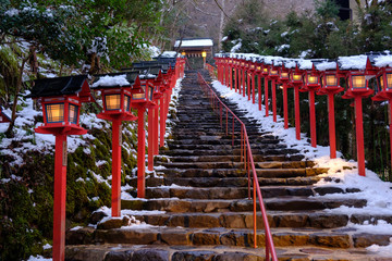 The lantern-lined steps in winter snow at Kibune