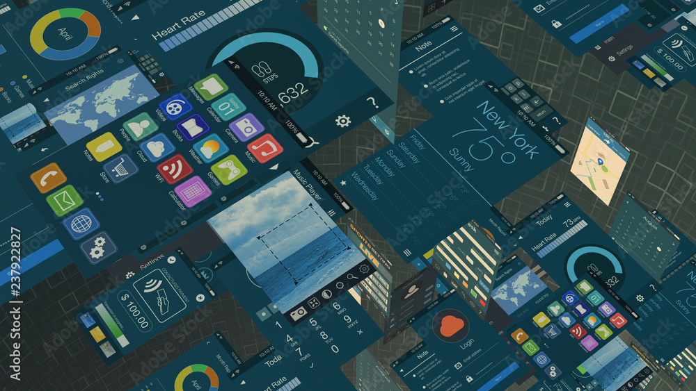 Poster grid of mobile apps placed randomly (3d render)