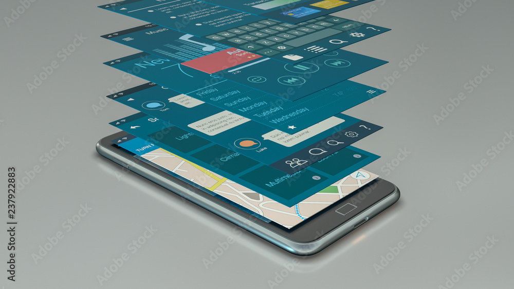 Poster smartphone with a set of mobile app templates (3d render)