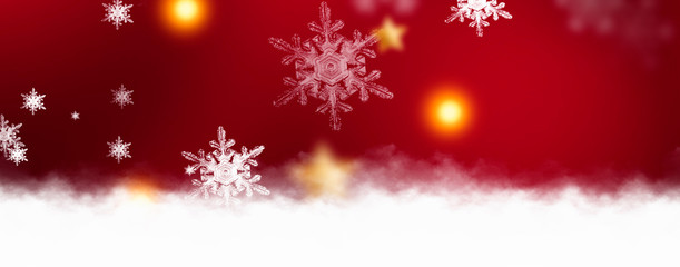 Red sparkling background with stars and snowflakes, the magical atmosphere of the Christmas holidays. Red bokeh background with snowflakes. Empty winter background, snowy, celebratory, sparks and star