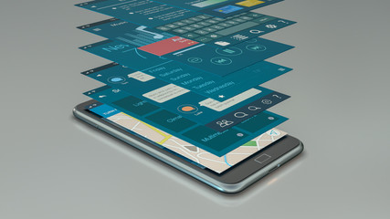 smartphone with a set of mobile app templates (3d render)