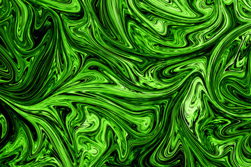 Liquify Abstract Pattern With UFO Green And Black Graphics Color Art Form. Digital Background With Liquifying Poisonous UFO Green Flow.