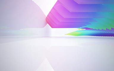 Abstract dynamic interior with gradient colored objects. 3D illustration and rendering