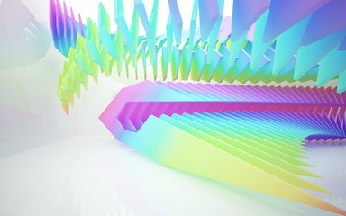 Abstract dynamic interior with gradient colored objects. 3D illustration and rendering