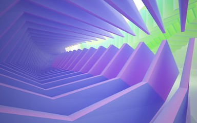 Abstract dynamic interior with gradient colored objects. 3D illustration and rendering
