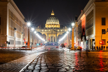 Night Image of Saint Peter's Basilica In Vatican City, Near Rome, Italy With Cobblestones