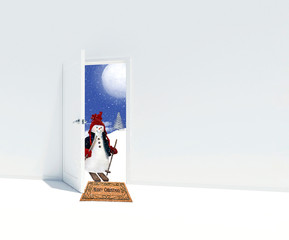 snowman on skis in open doorway with Merry Christmas greeting on brown doormat and snowflakes