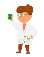 little scientist holding a microcircuit, a smart child and computer components,vector image cartoon character
