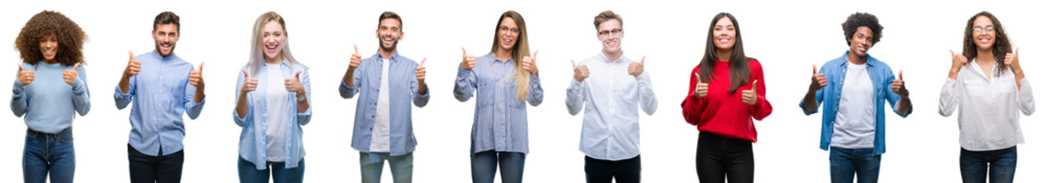 Composition of african american, hispanic and caucasian group of people over isolated white background success sign doing positive gesture with hand, thumbs up smiling and happy. Looking at the camera