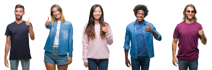 Composition of african american, hispanic and chinese group of people over isolated white background doing happy thumbs up gesture with hand. Approving expression looking at the camera