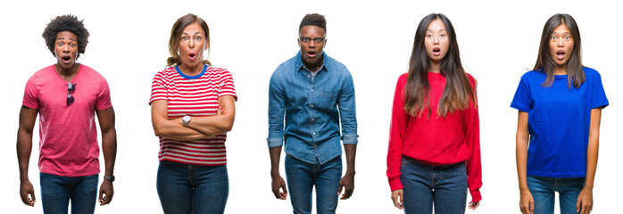 Composition of african american, hispanic and chinese group of people over isolated white background afraid and shocked with surprise expression, fear and excited face.