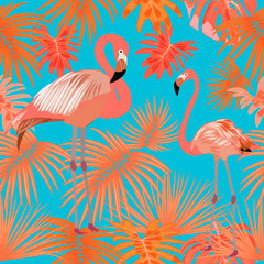 Tropical vector seamless pattern in Living Coral color with flamingo. Main trend concept.