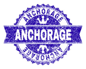 ANCHORAGE rosette stamp seal watermark with grunge style. Designed with round rosette, ribbon and small crowns. Blue vector rubber watermark of ANCHORAGE tag with scratched style.