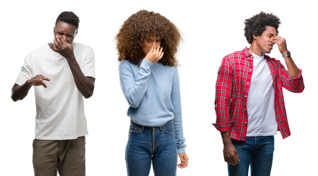 Collage of african american group of people over isolated background smelling something stinky and disgusting, intolerable smell, holding breath with fingers on nose. Bad smells concept.