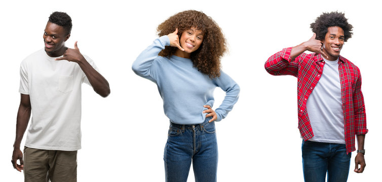 Collage of african american group of people over isolated background smiling doing phone gesture with hand and fingers like talking on the telephone. Communicating concepts.