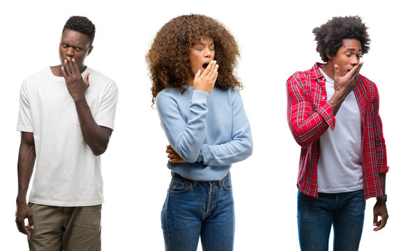 Collage of african american group of people over isolated background bored yawning tired covering mouth with hand. Restless and sleepiness.