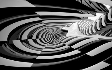 Abstract dynamic white interior with black smooth objects. 3D illustration and rendering