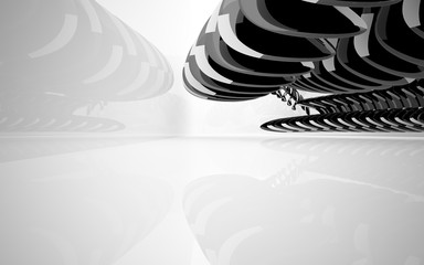 Abstract dynamic white interior with black smooth objects. 3D illustration and rendering