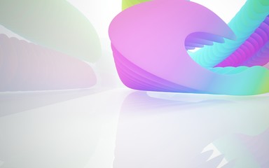 abstract architectural interior with colored smooth sculpture with black lines. 3D illustration and rendering