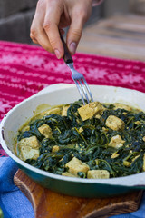 Palak paneer - hot vegetarian traditional Indian food with spinach, cheese, cream gravy, ginger, garlic, garam masala spices.  Woman hand eat with fork. Christmas lunch or dinner on red table cloth.