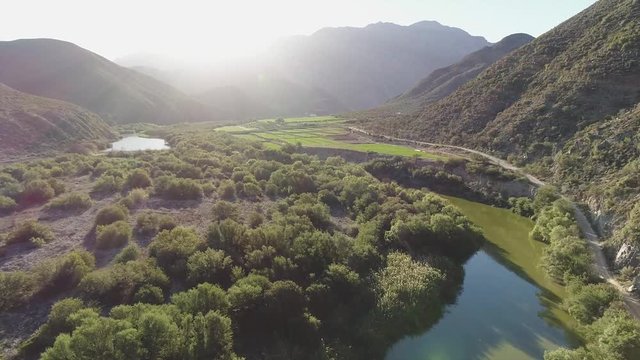 Flight Over Fertile River Valley at Sunset Klein Karoo Western Cape-