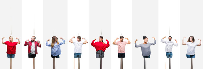 Collage of different ethnics young people over white stripes isolated background showing arms muscles smiling proud. Fitness concept.
