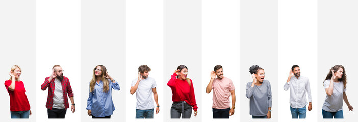 Collage of different ethnics young people over white stripes isolated background smiling with hand over ear listening an hearing to rumor or gossip. Deafness concept. - obrazy, fototapety, plakaty