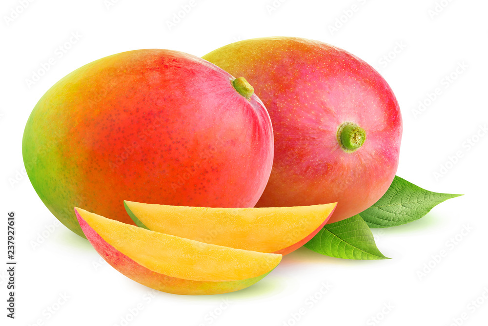 Aufkleber Isolated mango. Two mango fruit and slices isolated on white background with clipping path
