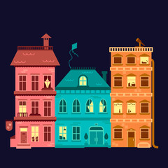 Three colored houses on a dark background with different windows night