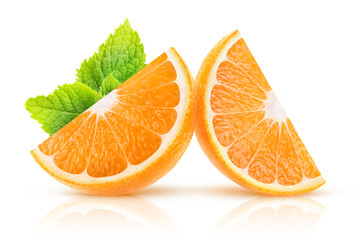 Isolated orange slices. Two pieces of orange fruit with mint leaf isolated on white background with...